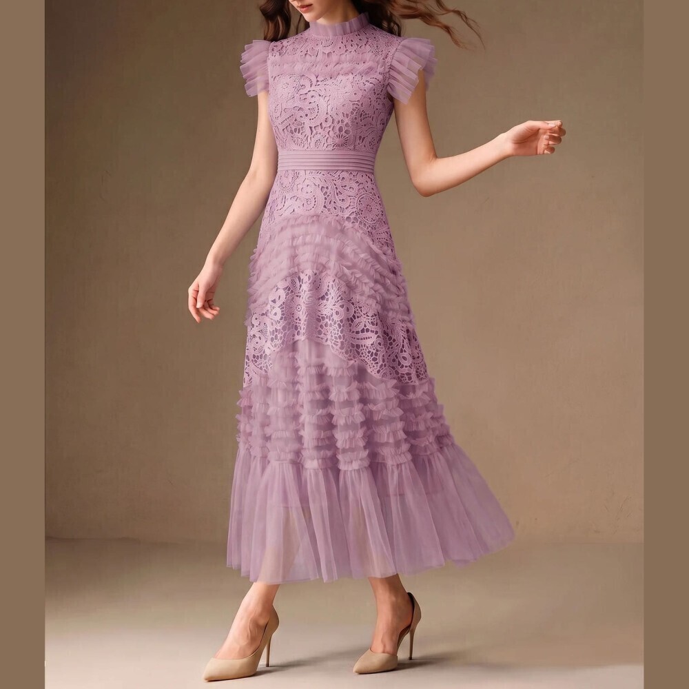 Mauve Pink Lace Tulle Ruffle Tiered Mock Neck Tea Length Maxi Dress